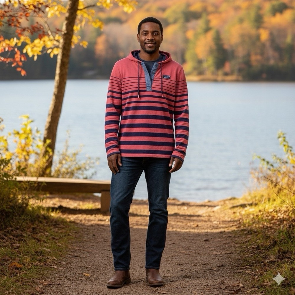 L.L.Bean Striped Cotton Hoodie Henley Pullover |‎ Men's M Red Navy
